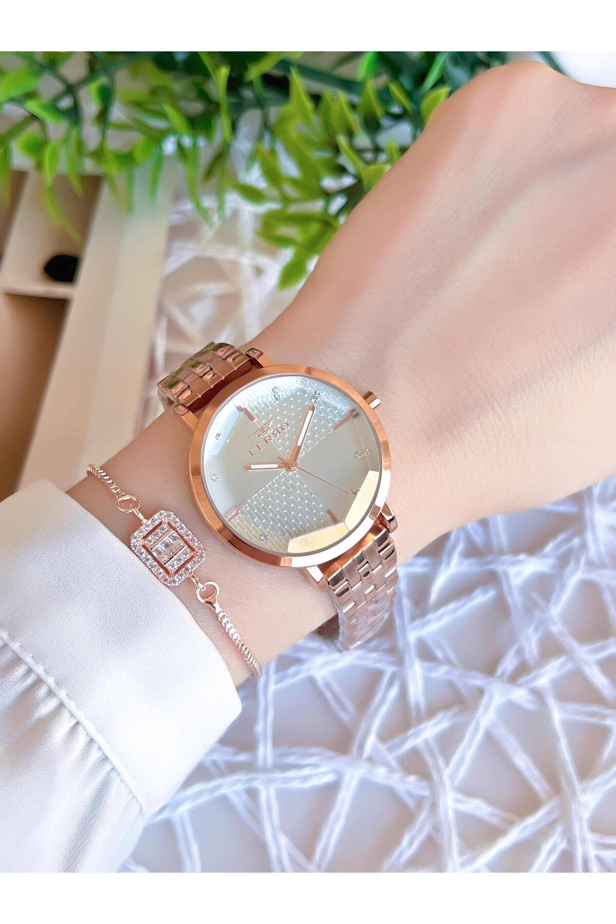 FERRO Rose Gold Renk Kararmaz Renk Atmaz 3 Atm Ozel Tasar m Kad n Kol Saati EFL21252C Kad n