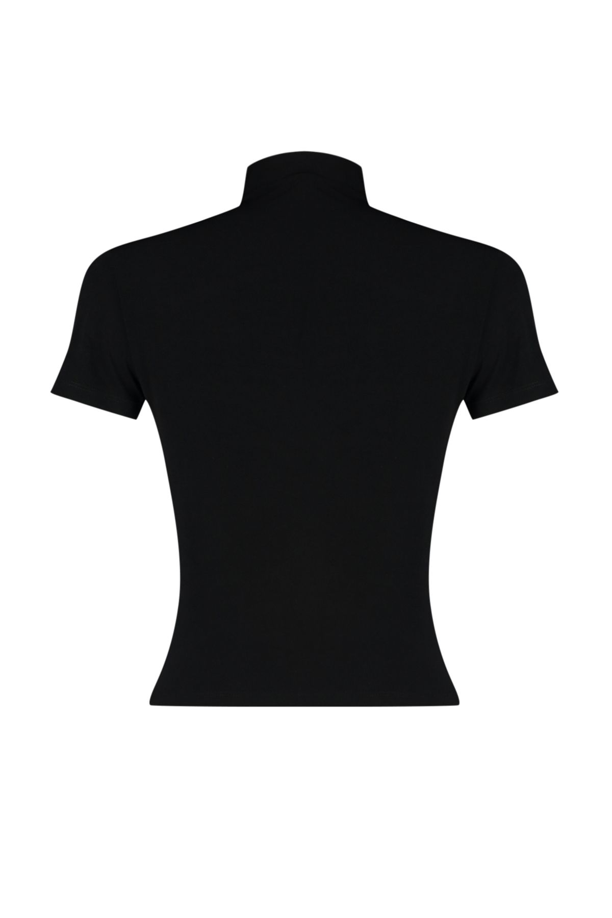 Trendyol Collection-Dehnbare gestrickte schwarze Bluse – kurze Ärmel, Stehkragen, drapierte Details – figurbetont TWOSS24BZ00426 8