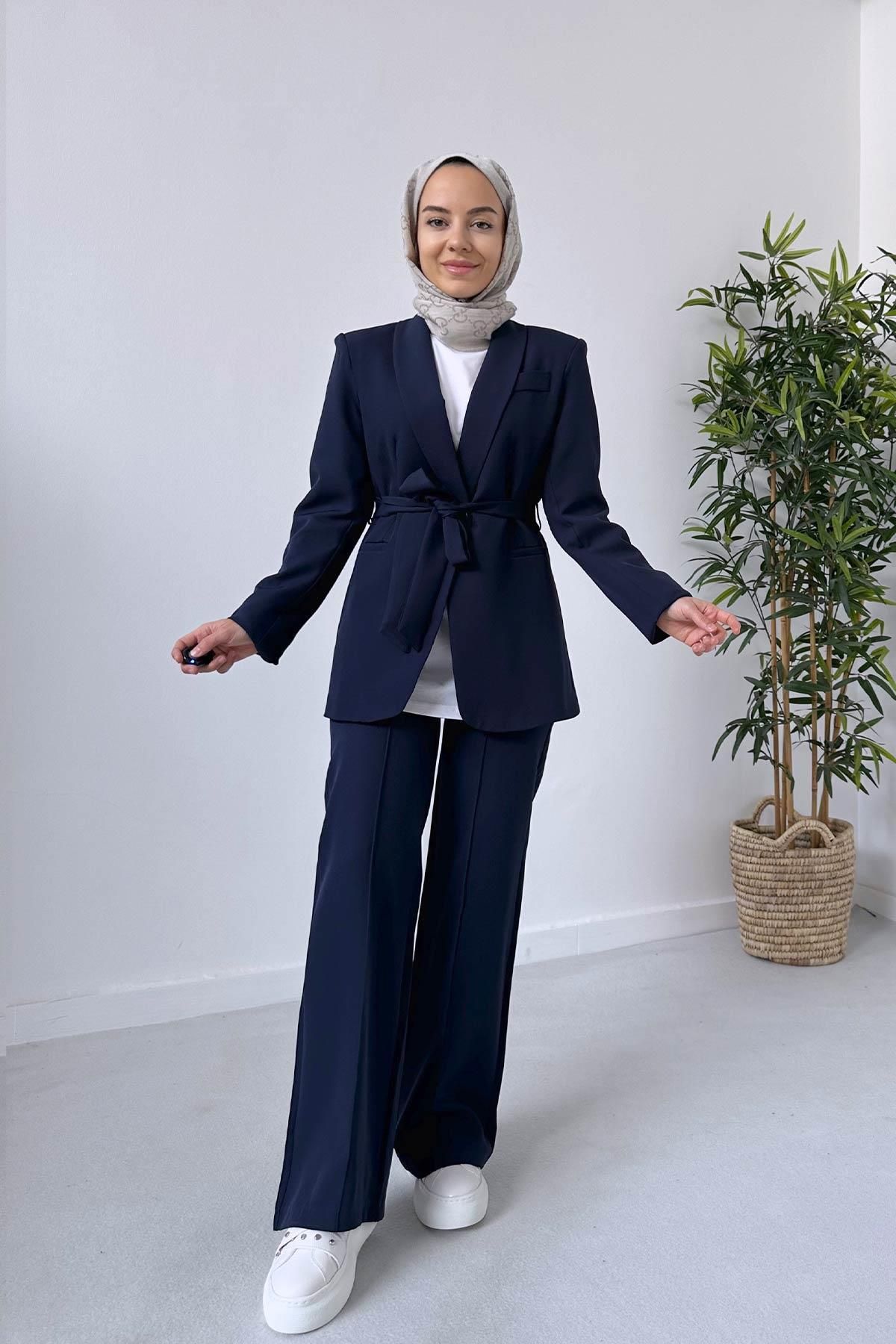 Ka Hijab Padded Blazer Jacket Брюки - Темно-синий KH-1950