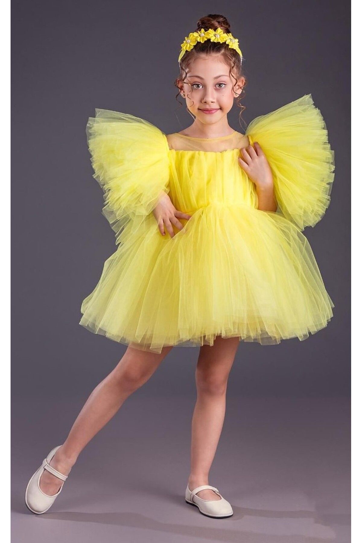Kolları Fırfırlı Sarı Doğum Günü Elbisesi Balo Gösteri Kıyafeti 23 Nisan Çocuk Abiyesi ABY151