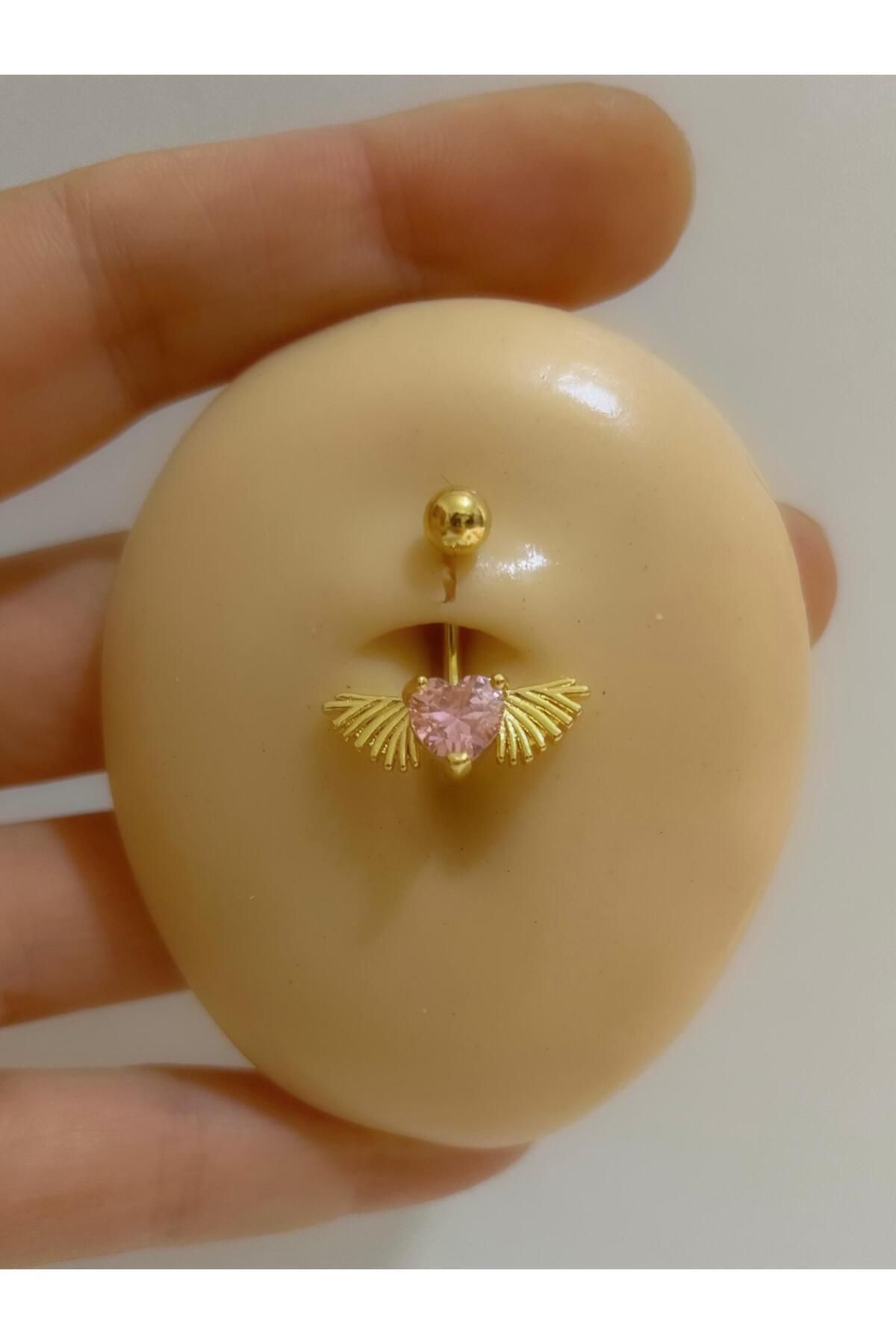 CERRAHİ ÇELİK PEMBE TAŞLI KALPLİ KANATLI GOLD RENK GÖBEK PİERCİNGİ