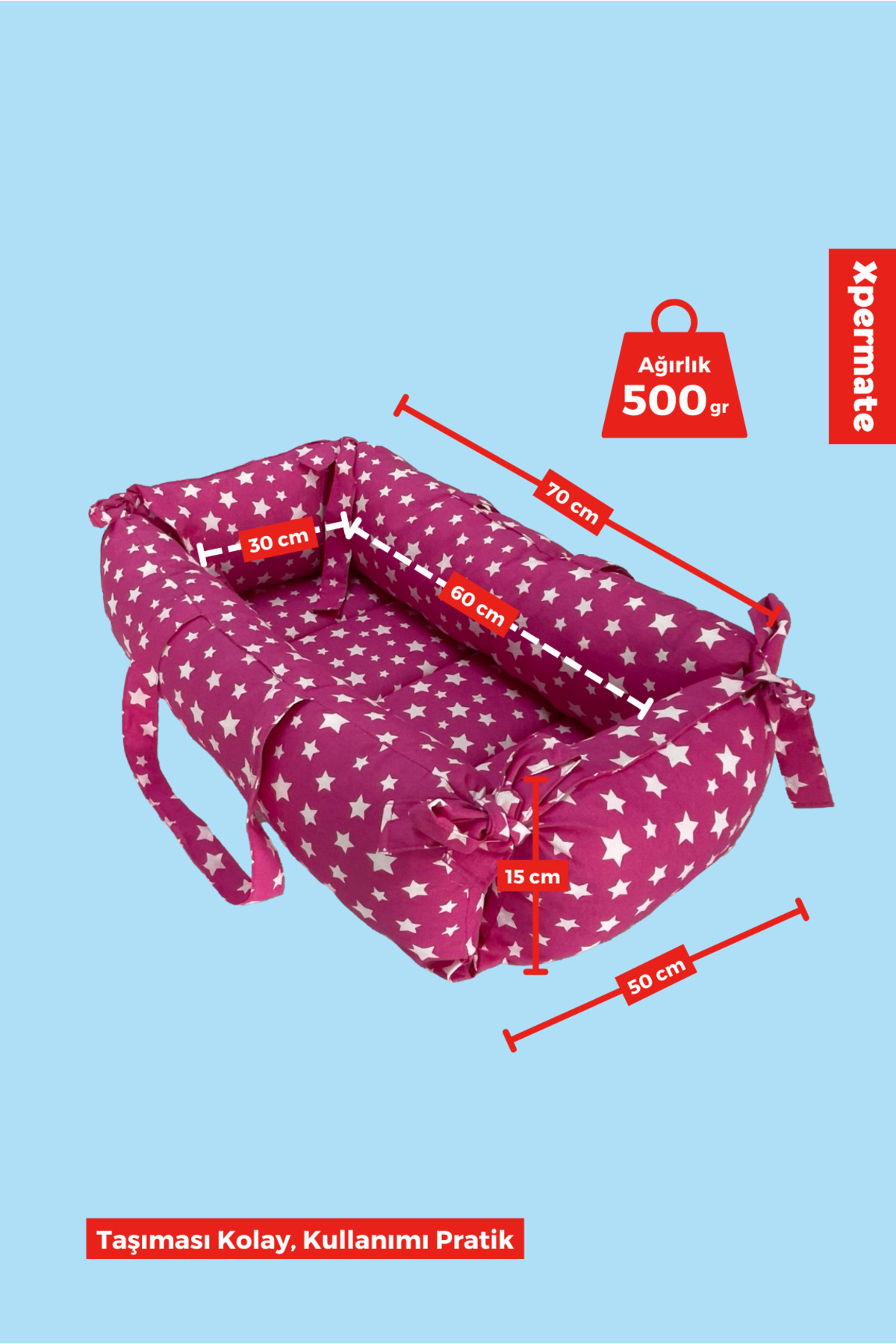 XPERMATE Portbebe Ana Kucağı, Puset Bebek Taşıma Çantası Kundağı 50x70 cm Yıldızlı Pembe fotoğrafı 3 (önizleme)
