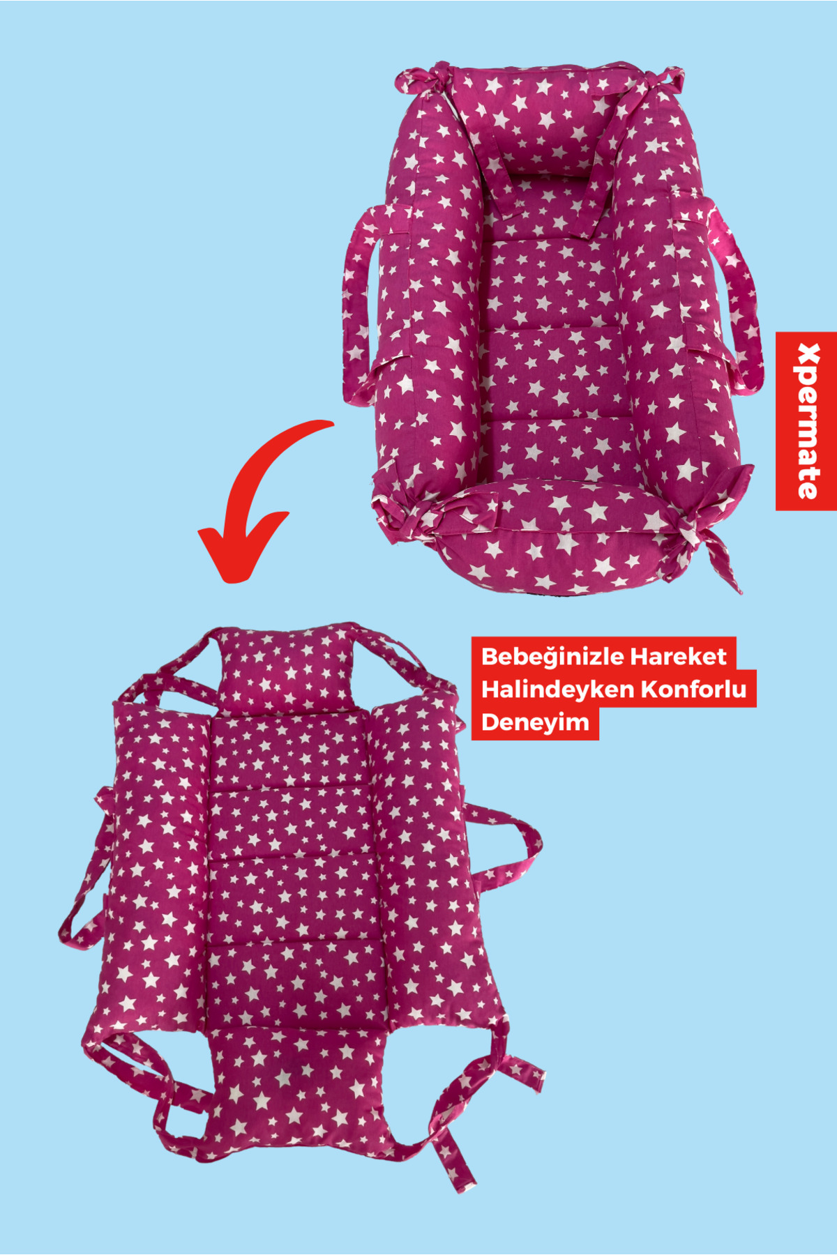 XPERMATE Portbebe Ana Kucağı, Puset Bebek Taşıma Çantası Kundağı 50x70 cm Yıldızlı Pembe fotoğrafı 2 (önizleme)
