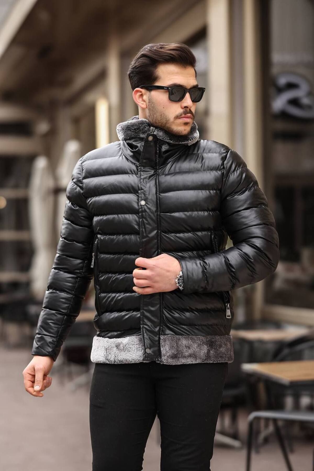 Oliggopol-Palton din piele puffer LFN cu blană neagră pentru bărbați 2