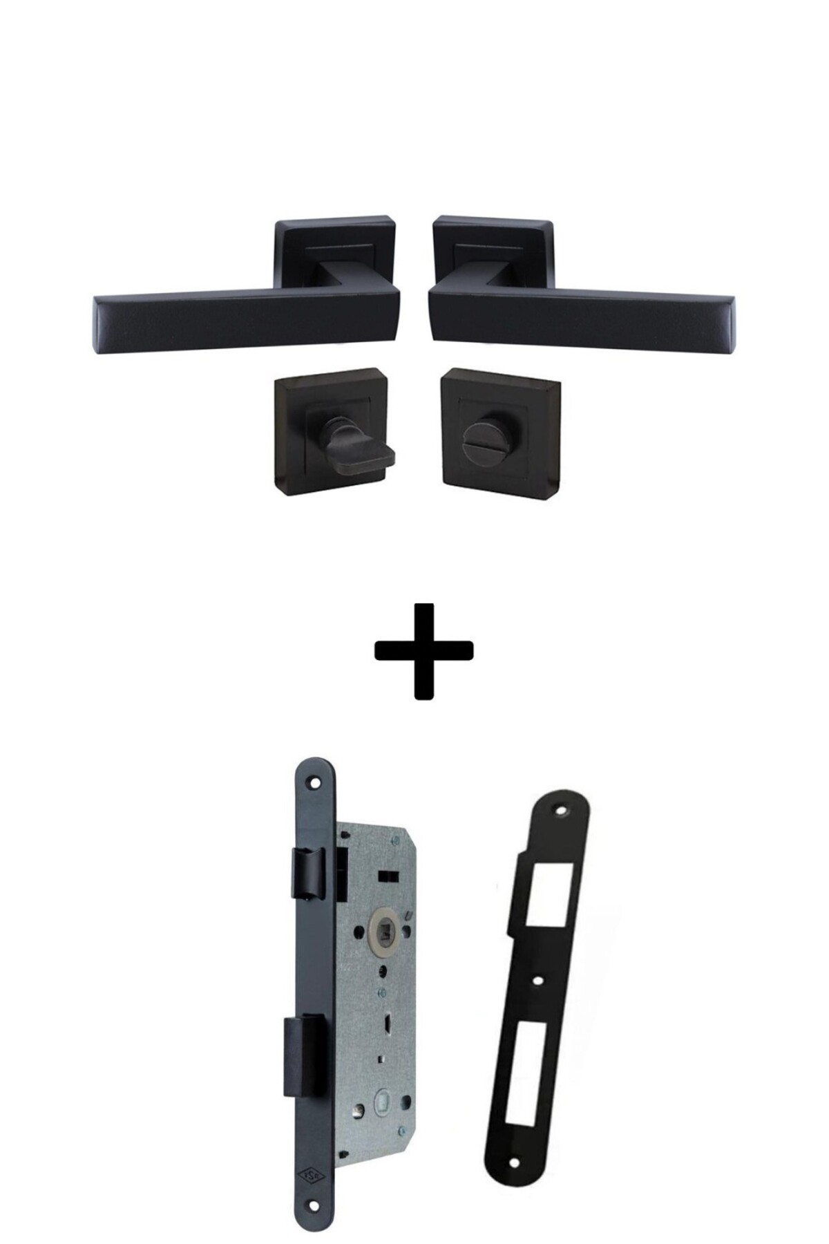 Merkezoğlu Kare Rozetli WC / Banyo Kapı Kolu Tam Set – Mat Siyah 40mm – Sessiz Kilitli