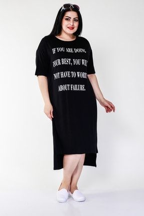 Kadın Büyük Beden Sloganlı Siyah Elbise 1759