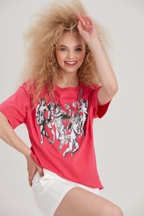 Kadın Pembe Zincir Detaylı Baskılı T-Shirt YL-TS99504