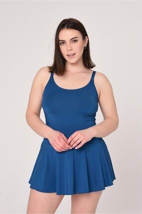 Kadın Büyük Beden Petrol Mavi Ayar Askılı Volanlı Elbise Mayo 284050