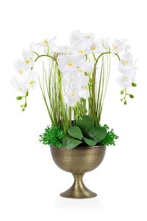 Geniş Eskitme Altın Oval Vazoda Aranjman Beyaz Yapay Orkide GVAORKIDE-ESKITMEALTIN-CCKMSN