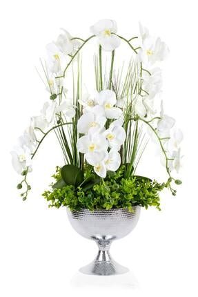 Geniş Gümüş Oval Vazoda Aranjman Beyaz Yapay Orkide GVAORKIDE-GUMUS-CCKMSN