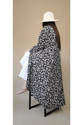 %100 Viskon Günlük Tasarım Oversize Kadın Çiçekli Siyah Kimono Svk83 SVK83