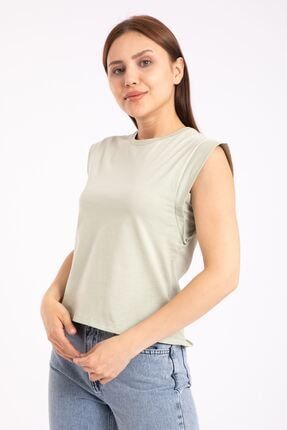 Kadın Kolları Detaylı Arkası Uzun Basic Örme Mint T-shirt 4201