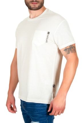 Erkek Ekru Overfit Yırtmaçlı Baskılı Cepli T-shirt WH-2049