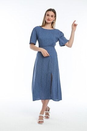 Kadın Belden Lastikli Yandan Yırtmaçlı Mavi Renkli Elbise WG0003
