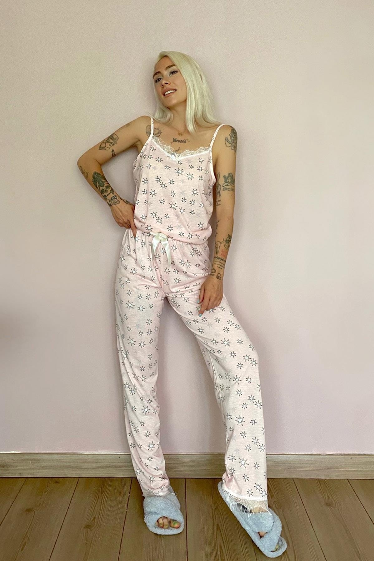 Dantelli İp Askılı Örme Kadın Pijama Takımı