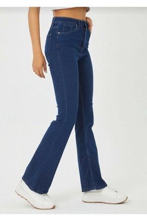 Kadın Yüksek Bel Ispanyol Paça Solmayan Koyu Mavi Kot Pantolon Jean HRSYHespnl1604021