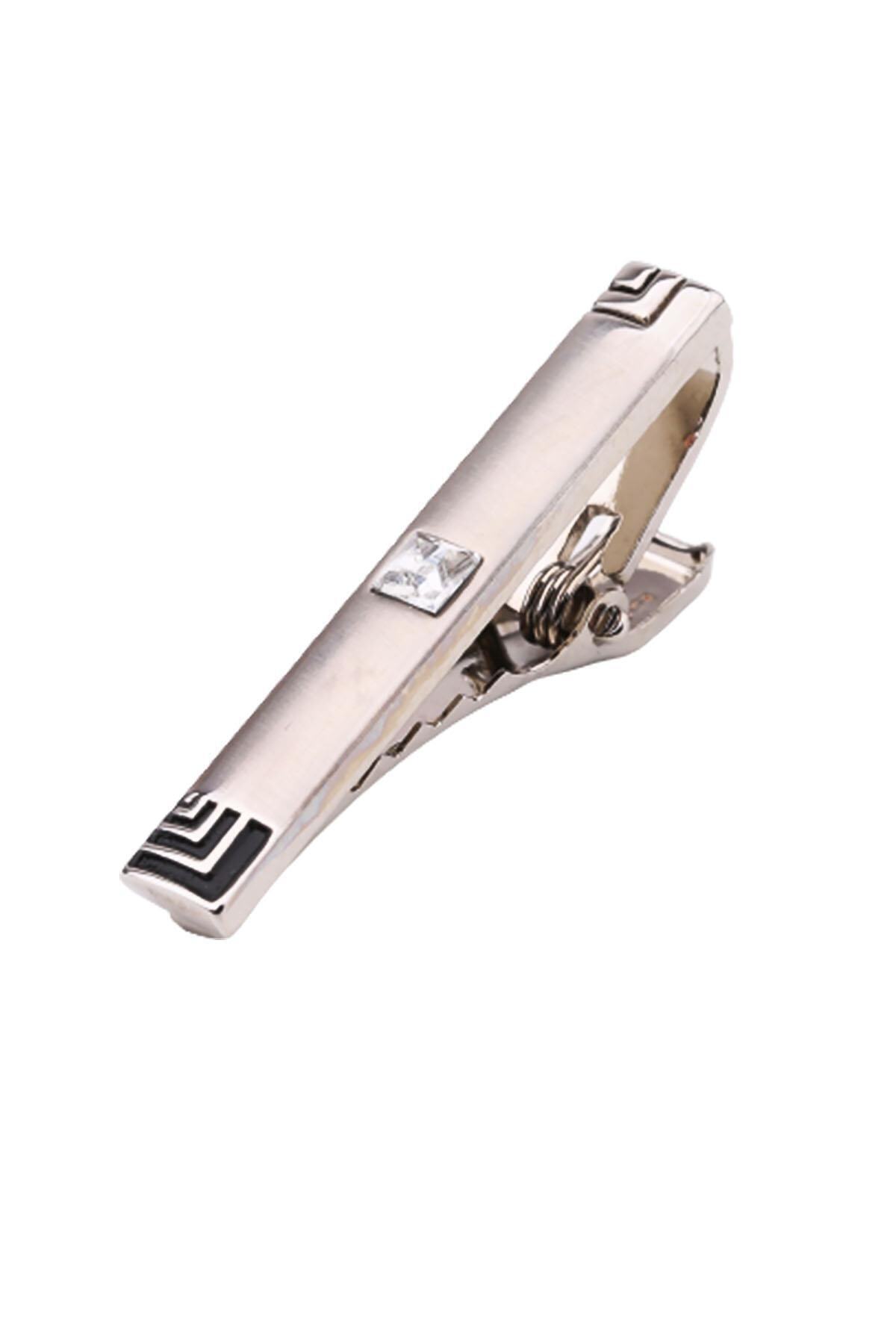 Kravatkolik Gümüş Renk Mat Köşeli Beyaz Taşlı Kravat Iğnesi Kıy512