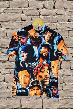 Çok Renkli Kapüşonlu Hiphop Eminem Tupac Dijital Baskılı T-shirt FRK01KHP