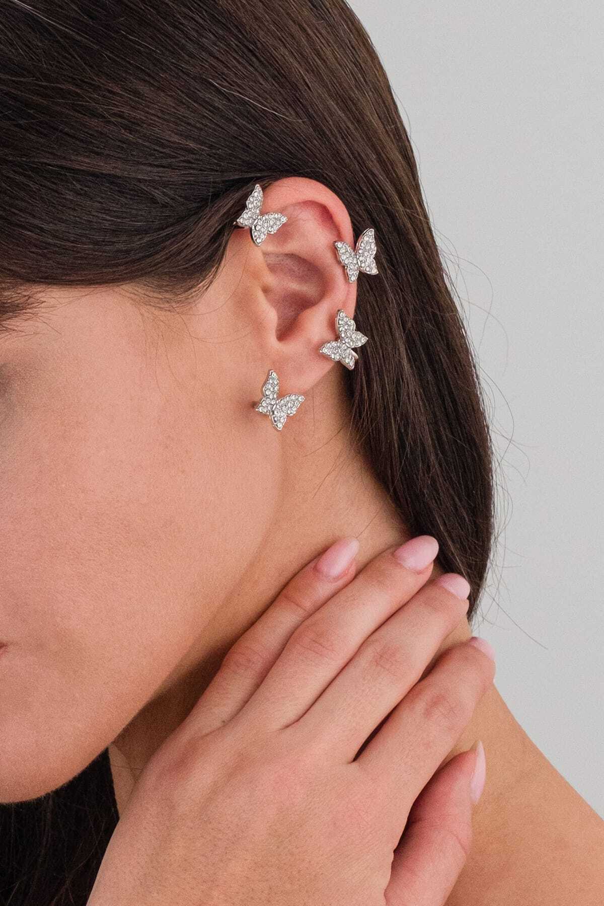 Zirkon Taşlı Kelebek Earcuff Kıkırdak Küpe
