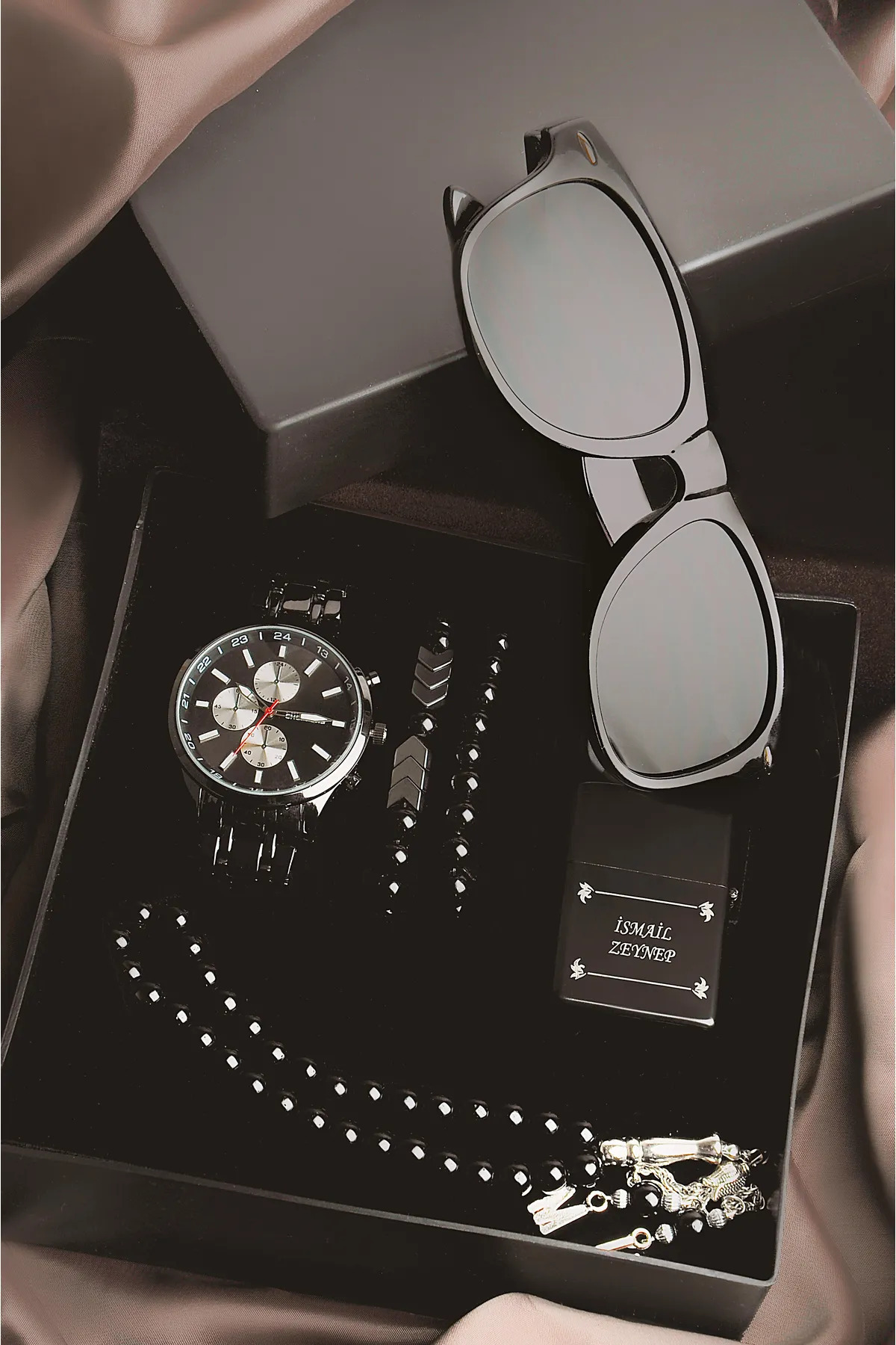 Genel Markalar Erkek Güneş Gözlüğü Paslanmaz Çelik Saat Çakmak Tesbih Bileklik Seti