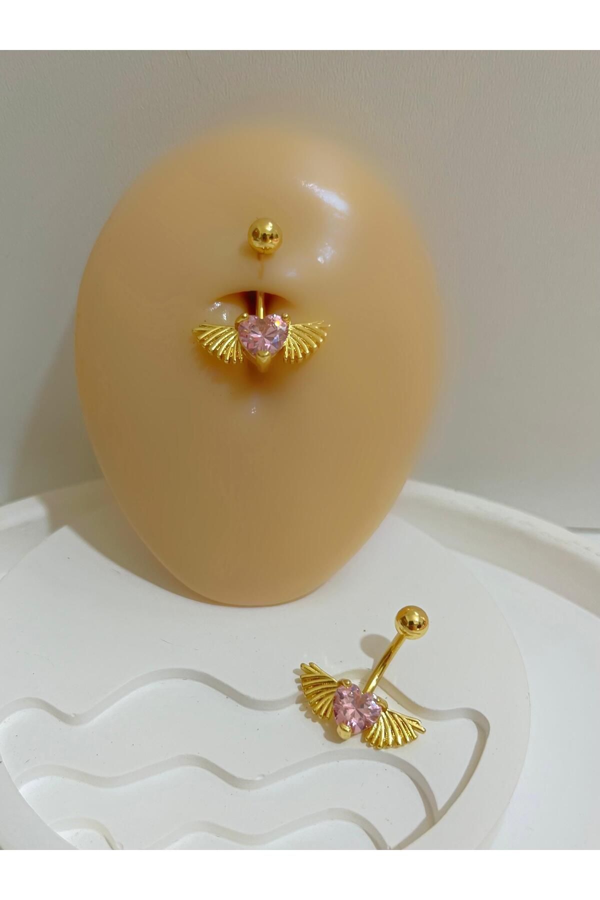 CERRAHİ ÇELİK PEMBE TAŞLI KALPLİ KANATLI GOLD RENK GÖBEK PİERCİNGİ