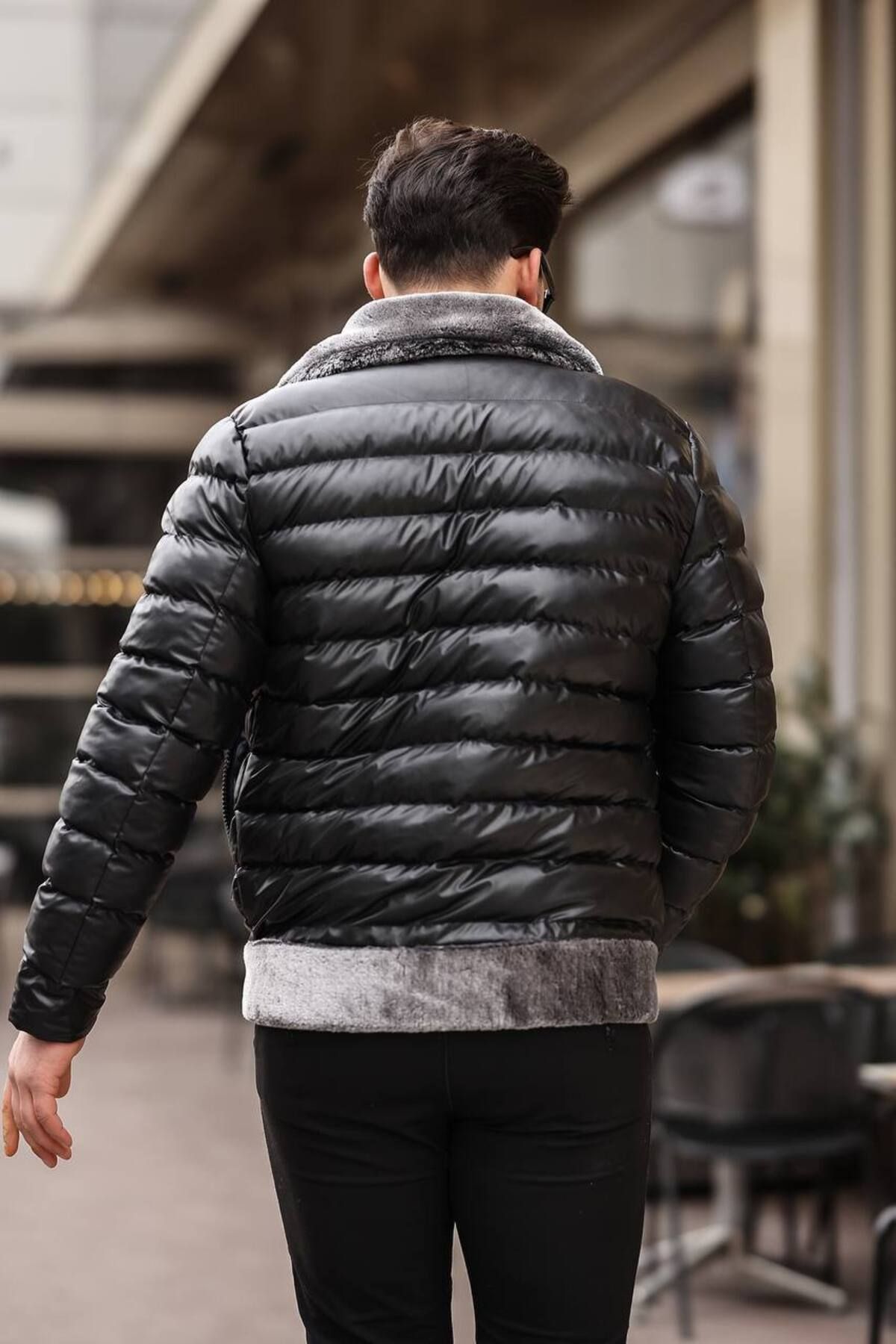 Oliggopol-Palton din piele puffer LFN cu blană neagră pentru bărbați 4