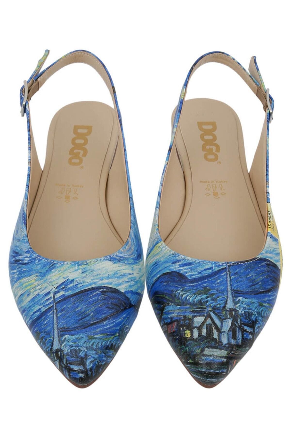 Dogo-Balerini albastri din piele vegană de damă - Vincent Van Gogh design noaptea înstelată 2