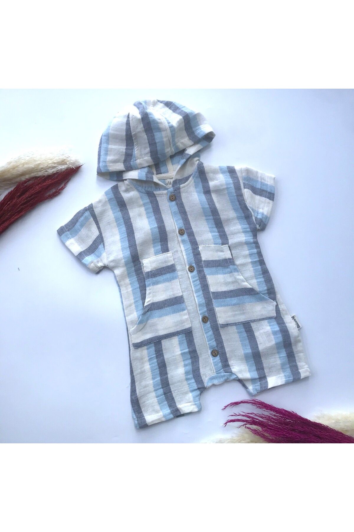 Miniworld-William Hooded Line Patterned Front Buttoned Muslin Jumpsuit 1