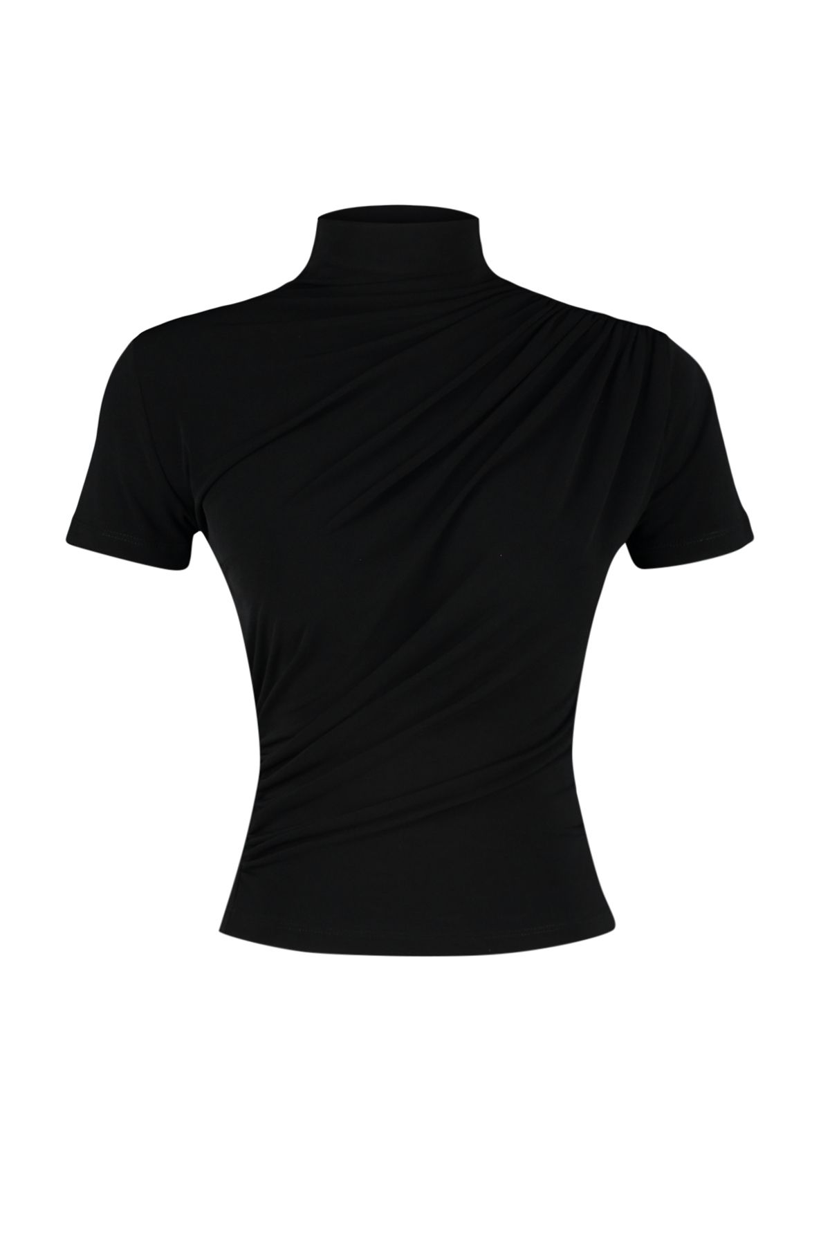 Trendyol Collection-Dehnbare gestrickte schwarze Bluse – kurze Ärmel, Stehkragen, drapierte Details – figurbetont TWOSS24BZ00426 7