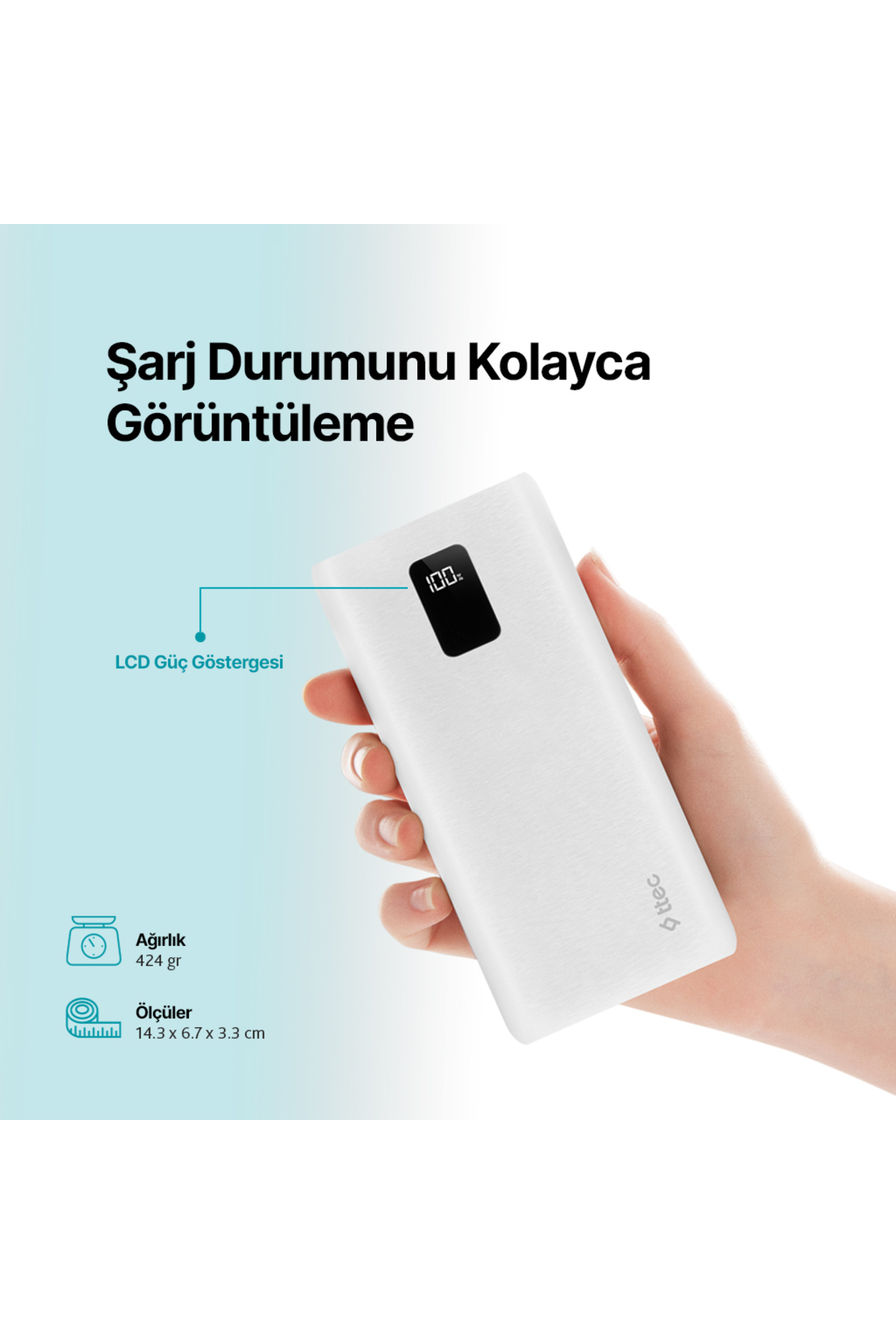 PowerSlim Trio LCD 20.000mAh PD 22,5W Dahili Kablolu Taşınabilir Şarj Aleti / Powerbank 5