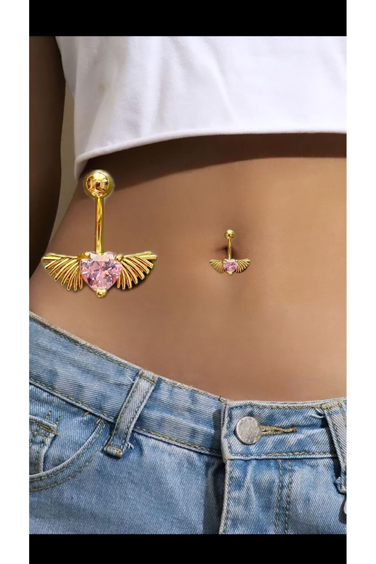 CERRAHİ ÇELİK PEMBE TAŞLI KALPLİ KANATLI GOLD RENK GÖBEK PİERCİNGİ