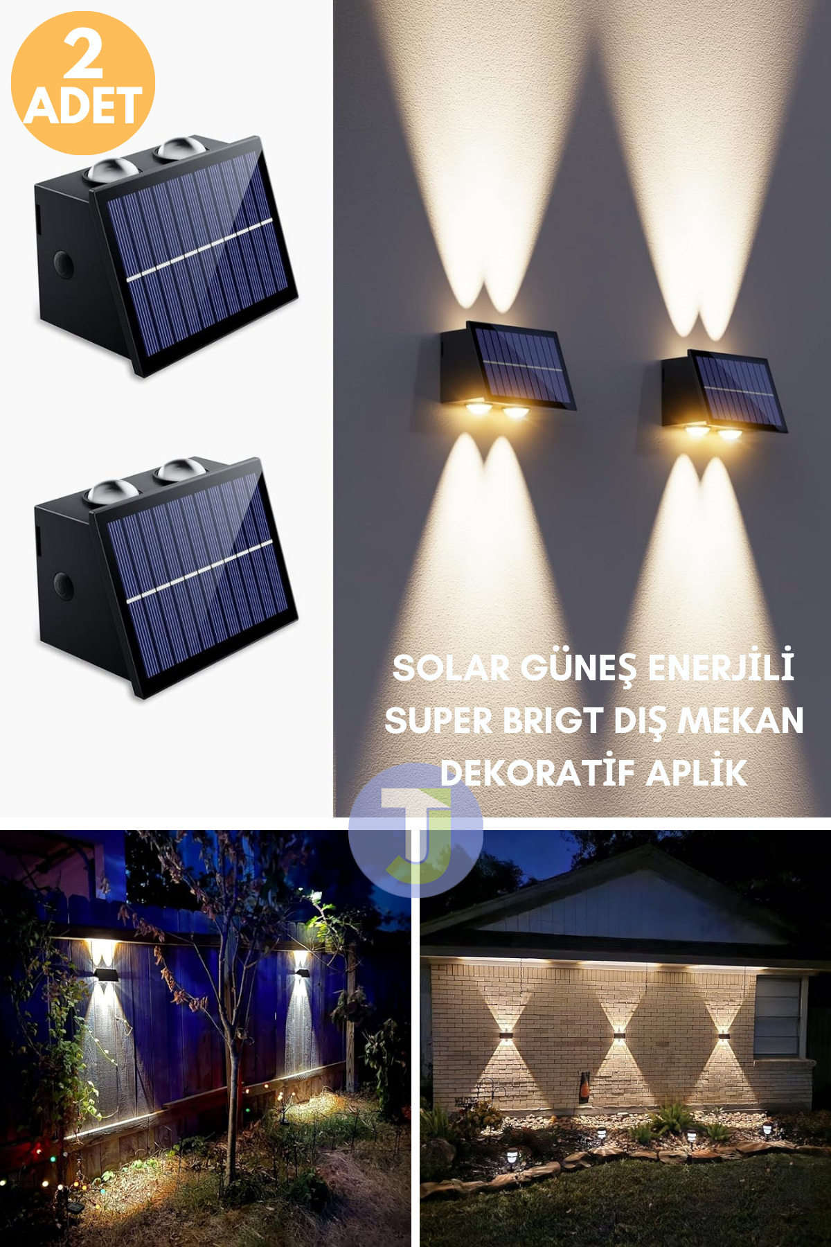 Solar Güneş Enerjili 4 Ledli Bahçe Aydınlatması Aplik Sarı Işık Led Lamba (2 Adet)