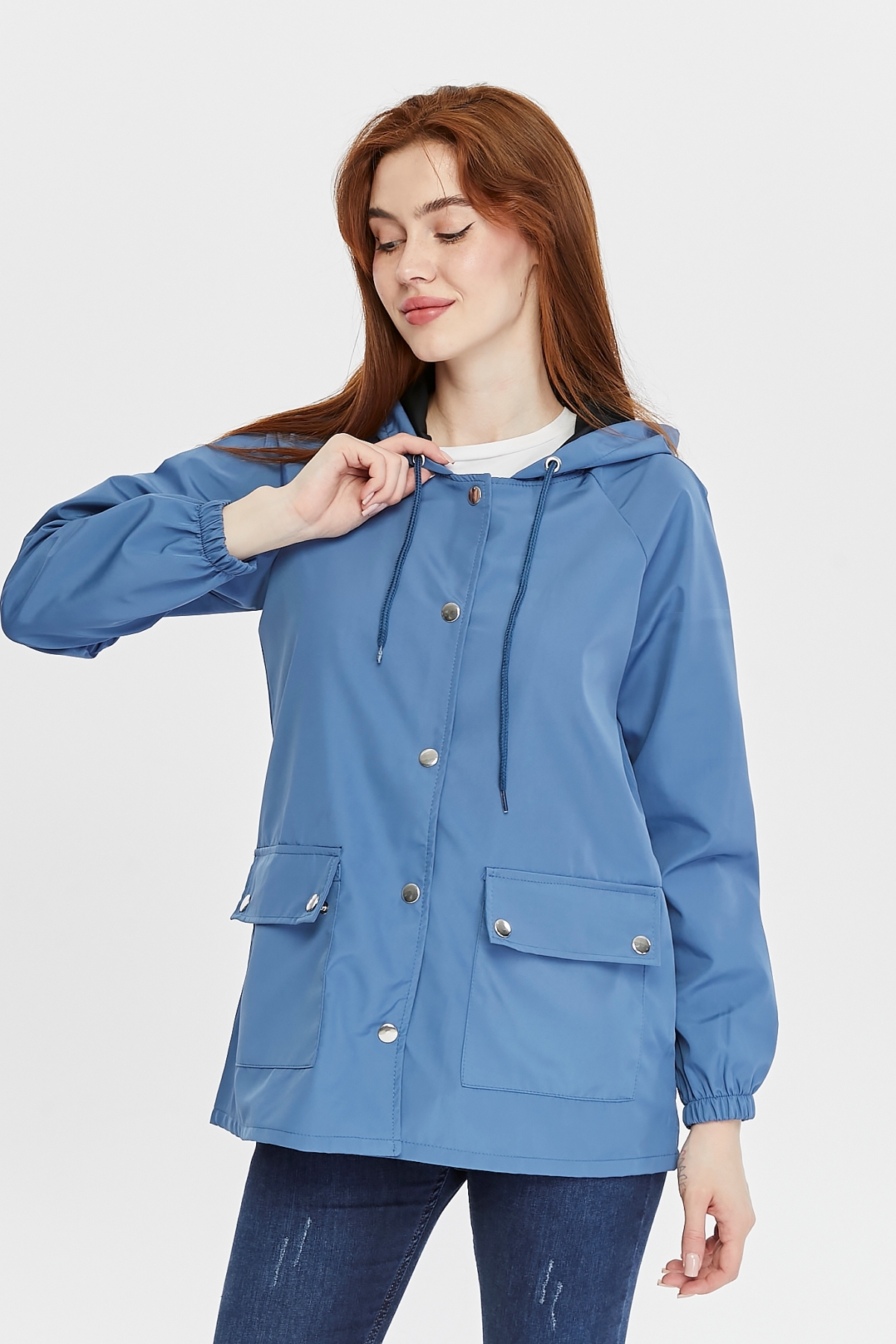 Primaro Cepli Çıtçıtlı Kapüşonlu Mavi Rüzgarlık Yağmurluk