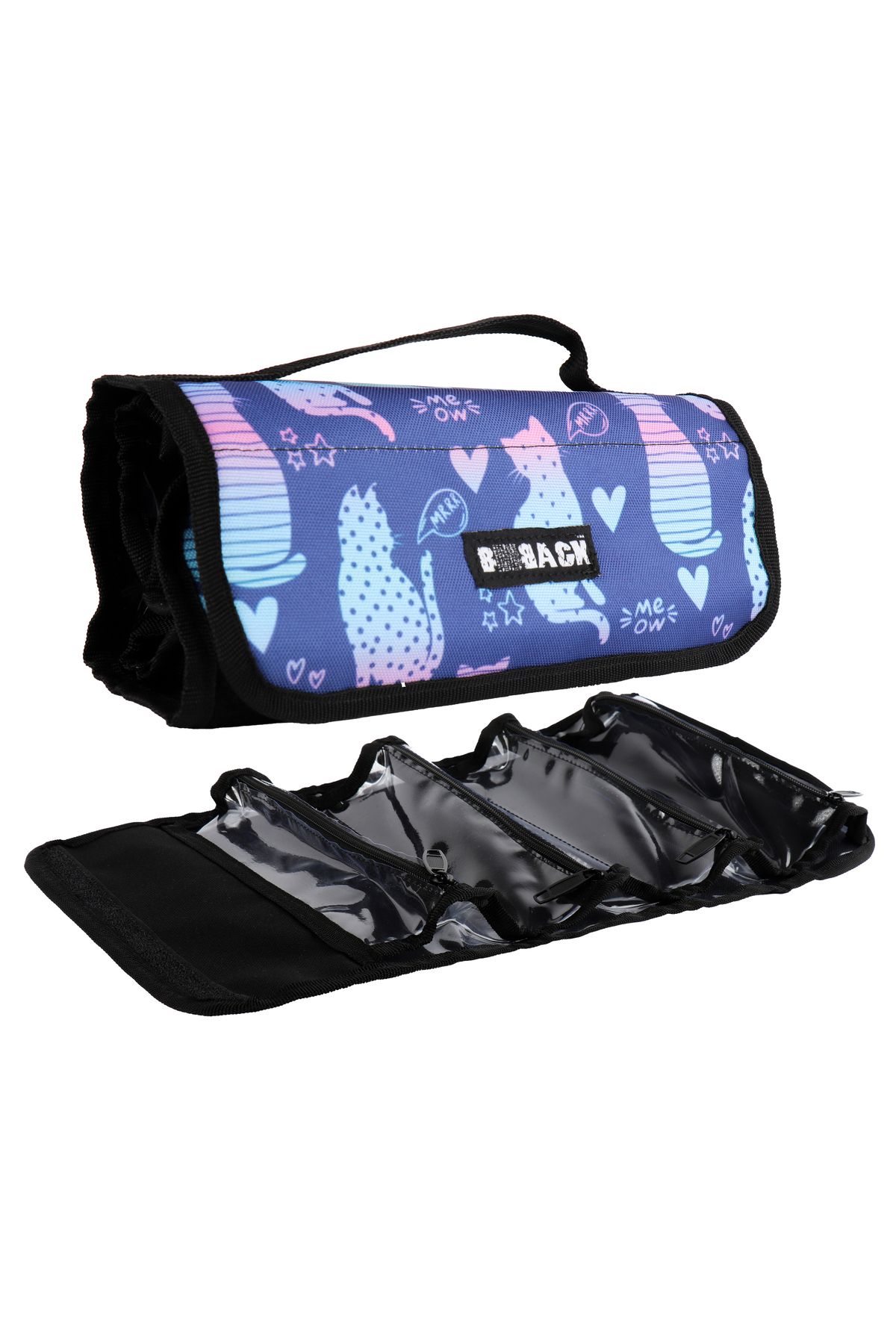BBACK-Multi Pencil Case 4 Transparent Zippered Sections Roll Case with Cat Gradient 1