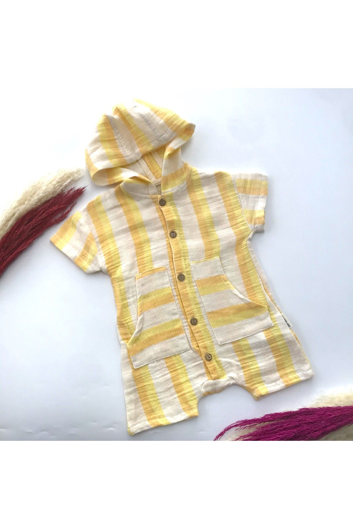 Miniworld-William Hooded Line Patterned Front Buttoned Muslin Jumpsuit 1