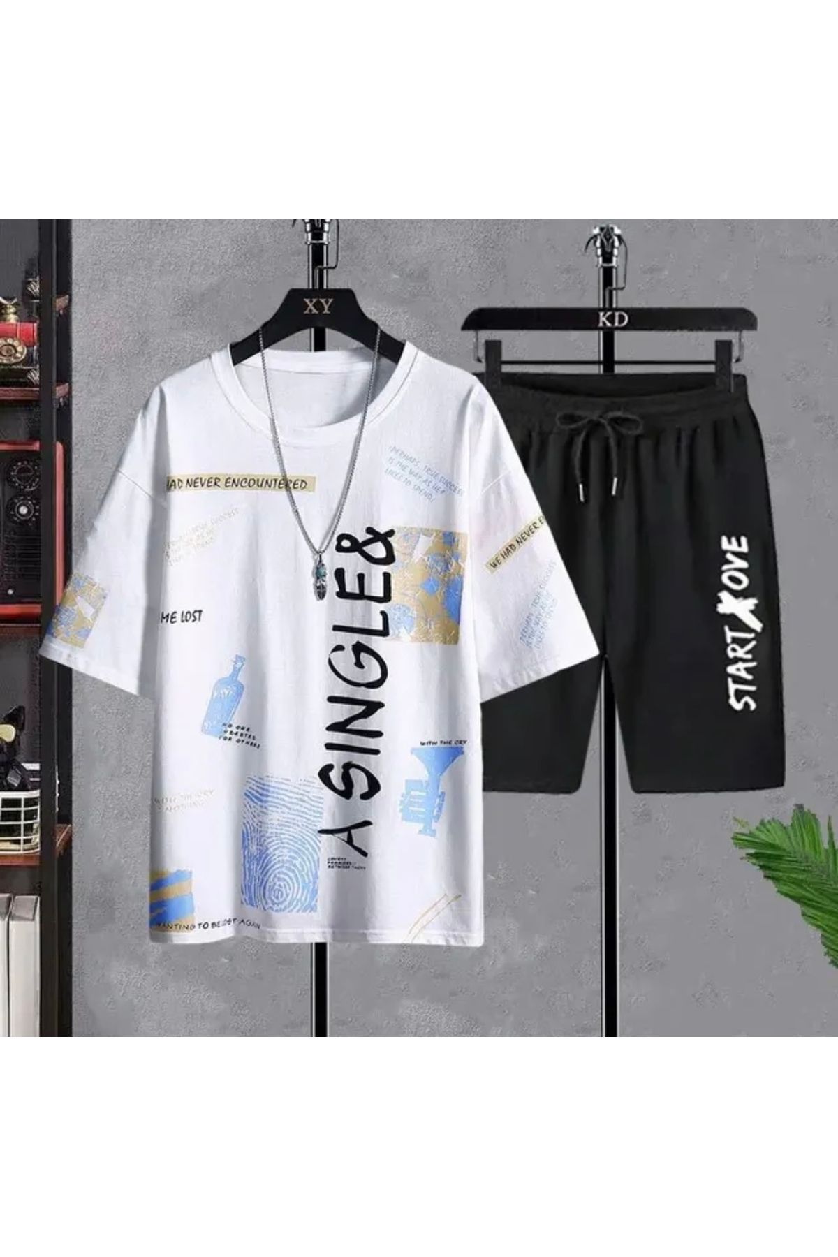 AMOR FACE-LARGE SIZE CUSTOM DESIGN A SINGLE MIXED PRINT OVERSIZE MEN'S T-SHIRT SHORTS SET 2