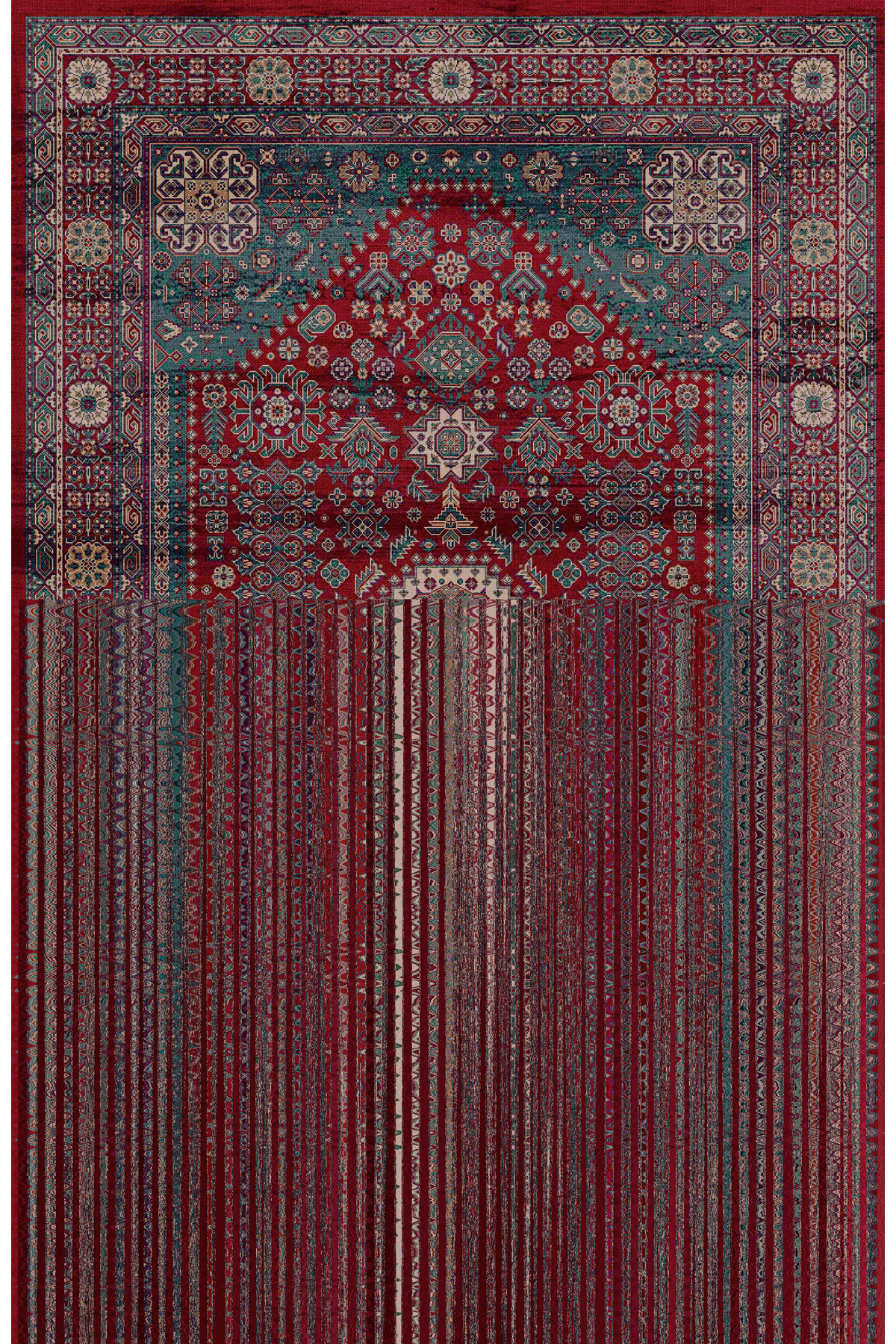 Fiorella Burgundy Vintage Straight Distorted Pattern Themed Woven Base Decorative Carpet 7017