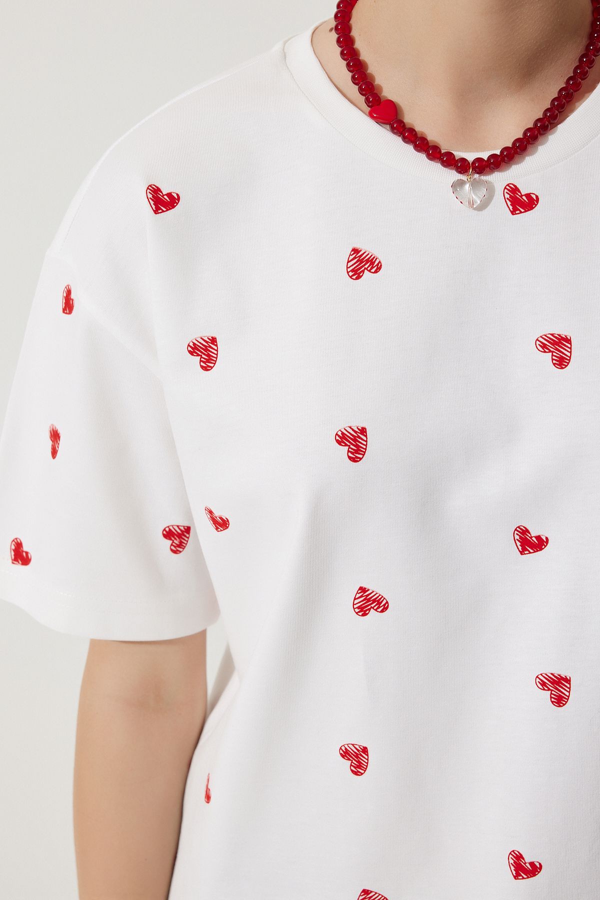 Happiness İstanbul-Women's White Heart 100% Cotton Oversize Long Knitted T-Shirt NJ00148 4