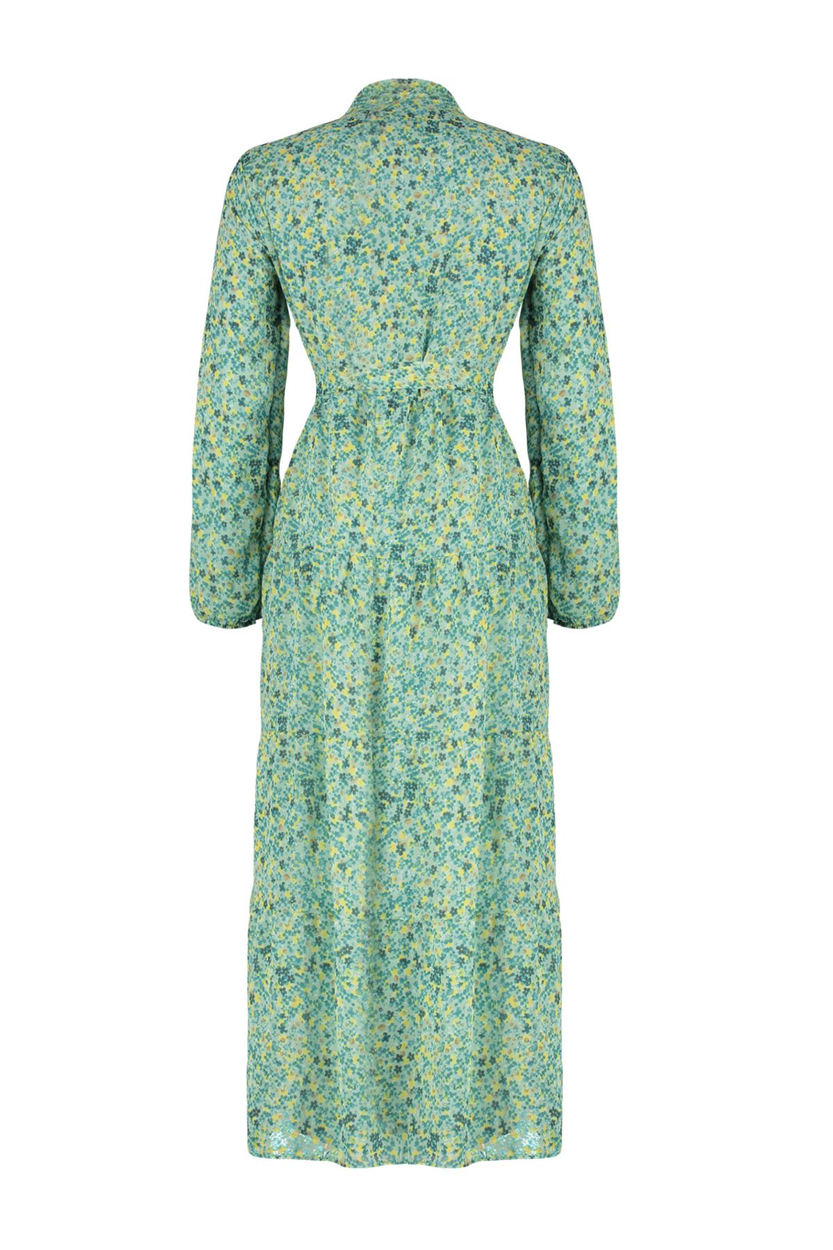 Trendyol Modest-Smaragdově zelené tkané šifonové šaty se vzorovaným stojáčkem s páskem TCTSS21EL3346 8