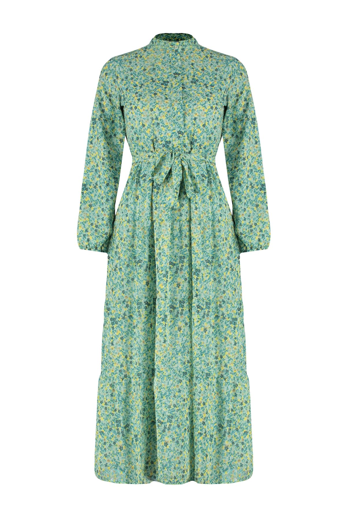 Trendyol Modest-Smaragdově zelené tkané šifonové šaty se vzorovaným stojáčkem s páskem TCTSS21EL3346 7