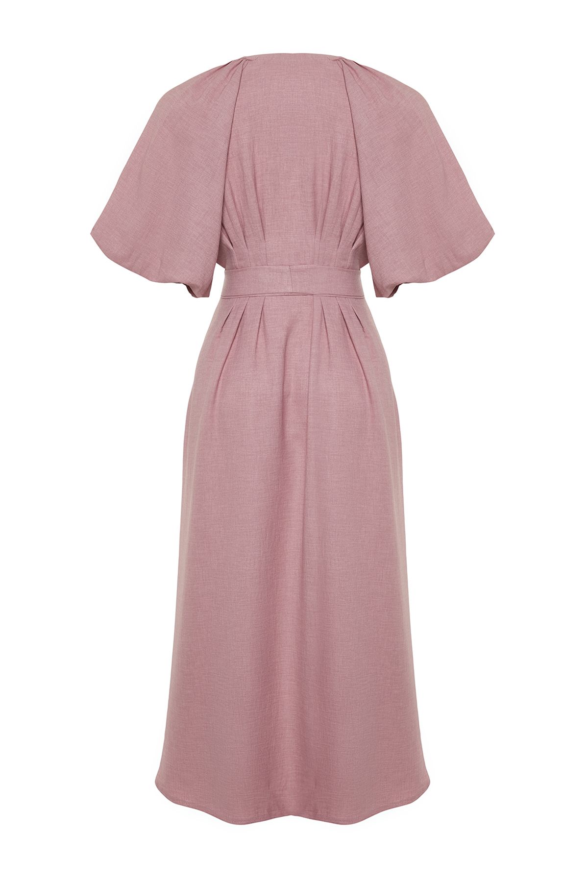 Trendyol Modest-Růžové s páskem s polovičním balonovým rukávem, plátěný vzhled, tkané košilové šaty TCTSS24EB00014 8