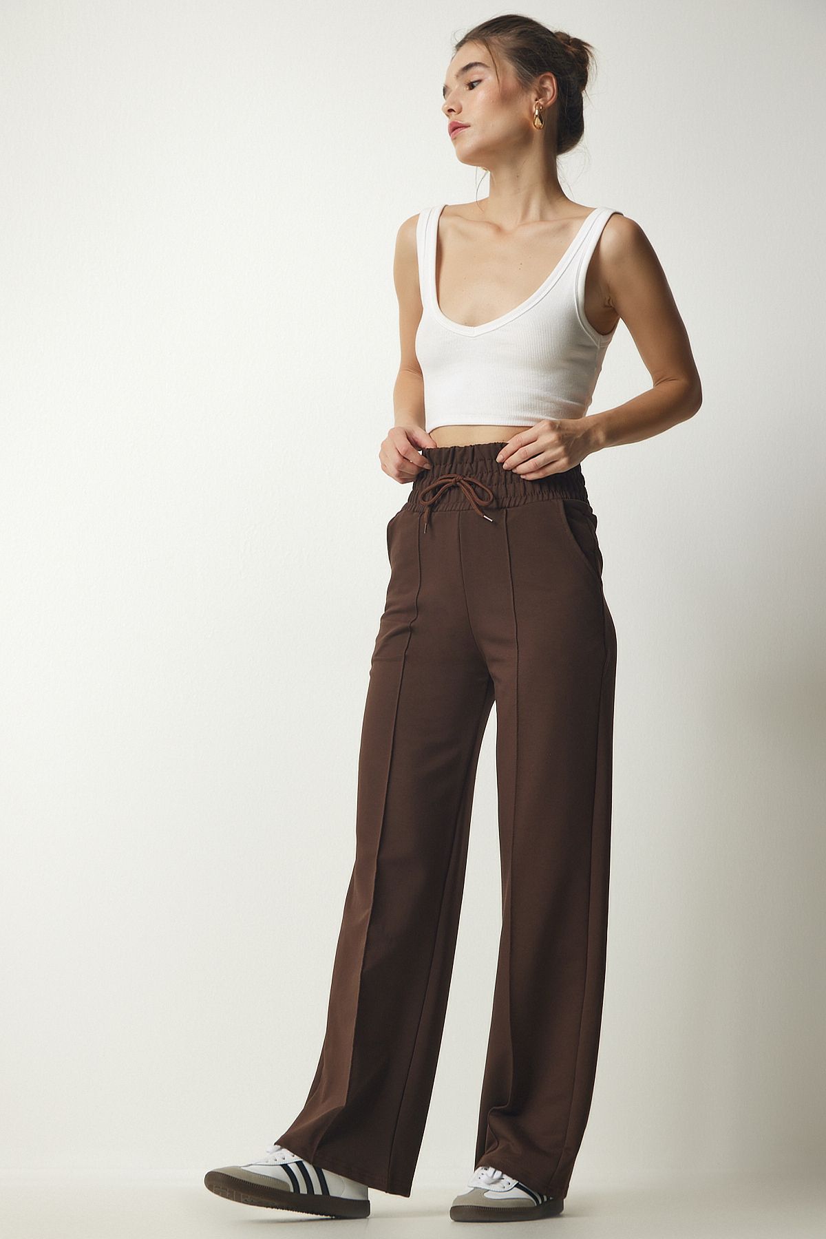Happiness İstanbul-Braune Basic-Strick-Jogginghose mit Taschen für Damen XR00018 2