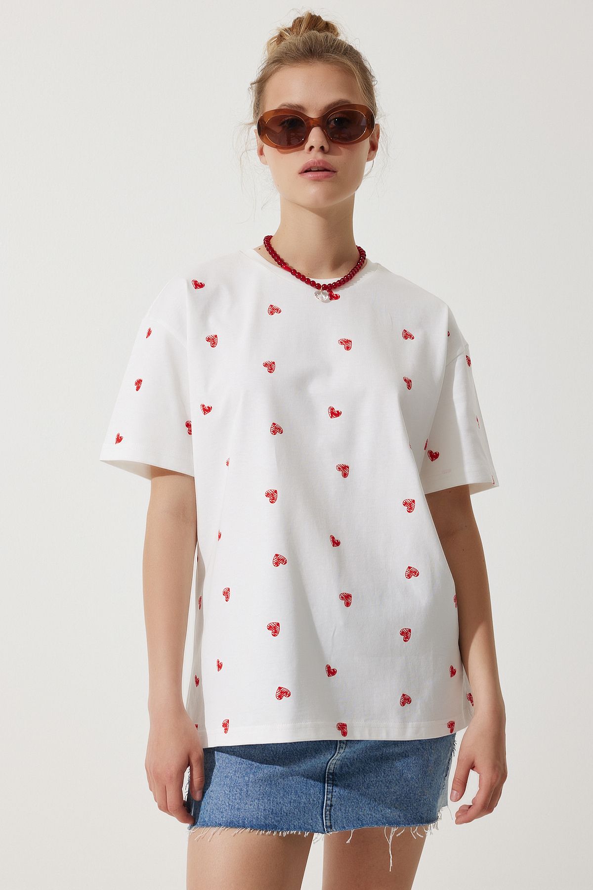 Happiness İstanbul-Women's White Heart 100% Cotton Oversize Long Knitted T-Shirt NJ00148 3