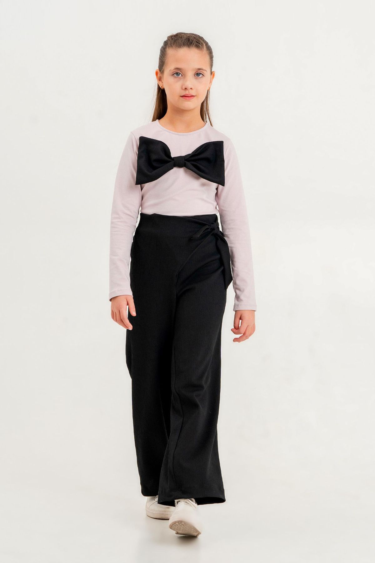 e-çocuk-Girl's Top and Bottom Set with Bow and Waist Tie 23324 1