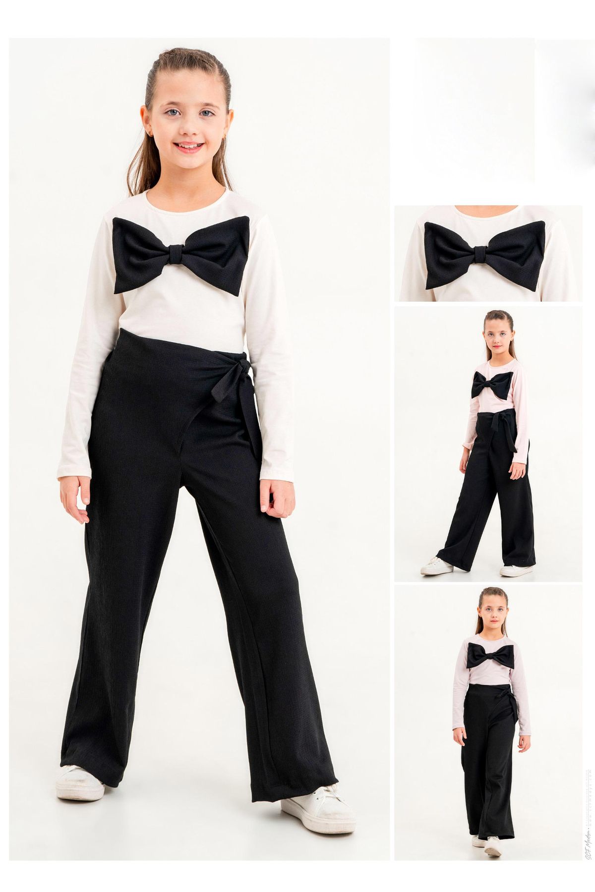 e-çocuk-Girl's Top and Bottom Set with Bow and Waist Tie 23324 3