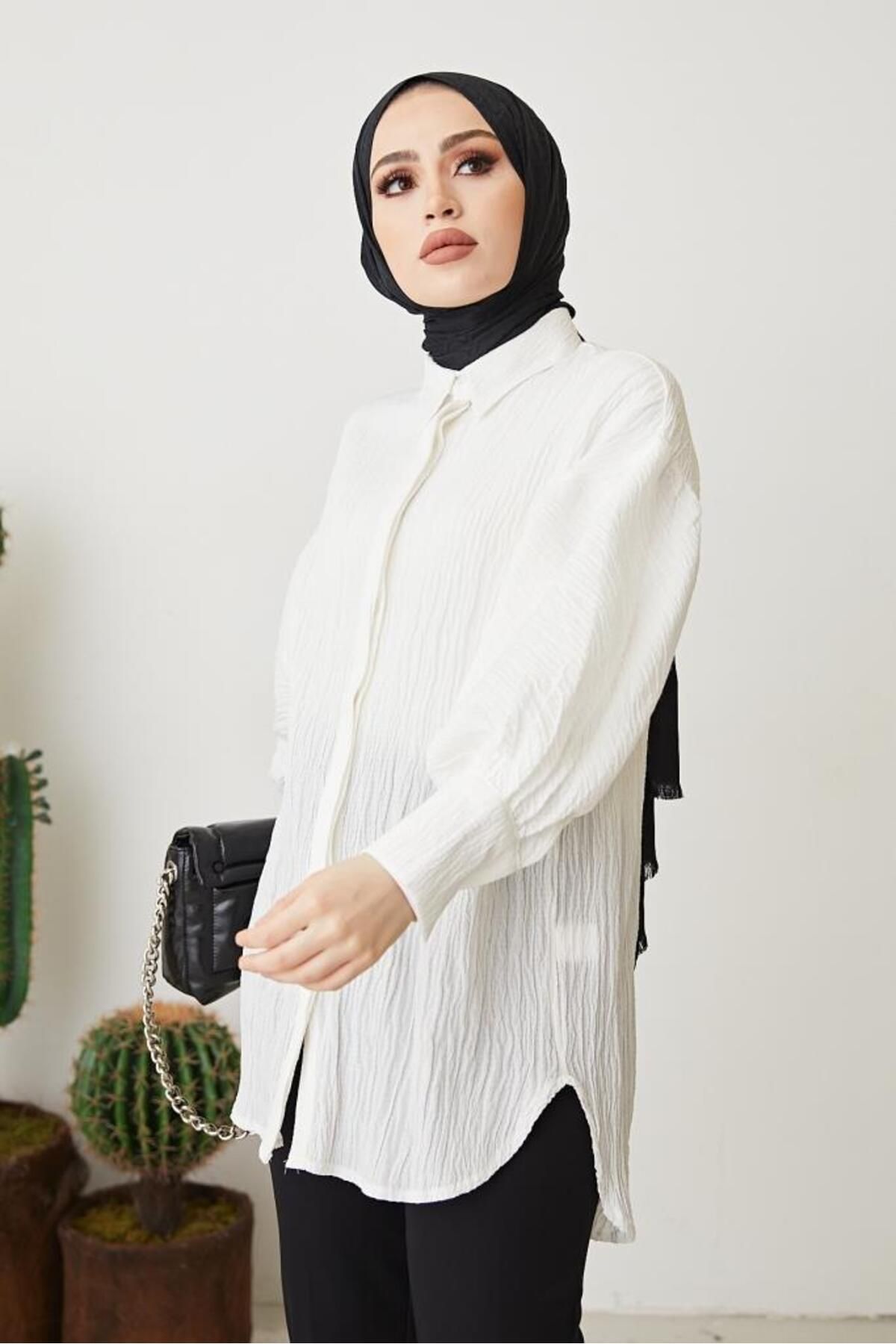 Zeyn-61446 Μπαλόνι μανίκι Casual πουκάμισο ραγισμένο λευκό 4