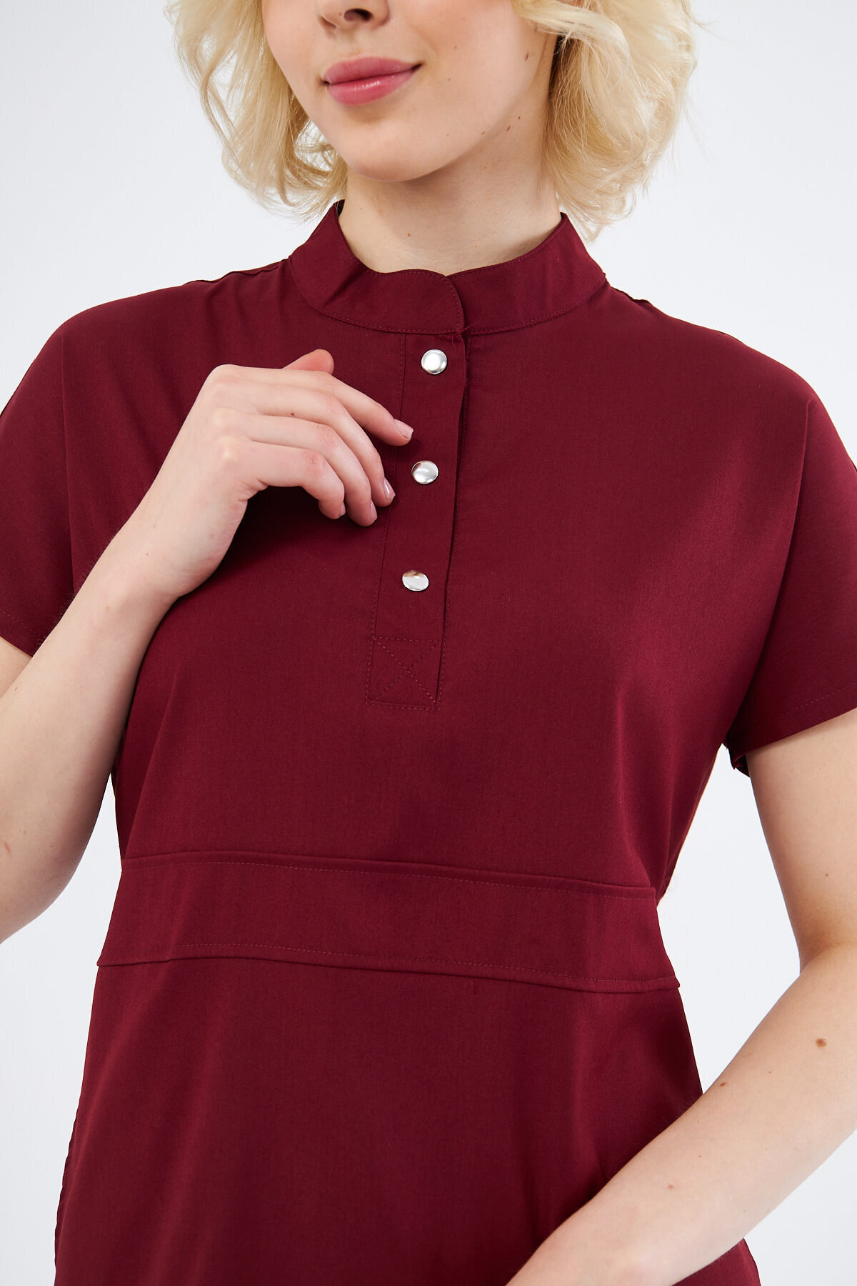 Class Üniforma-Nova - Claret Red Flexible Lycra Women's Scrubs with Prevailing Neckline and Half Placket Snaps 5