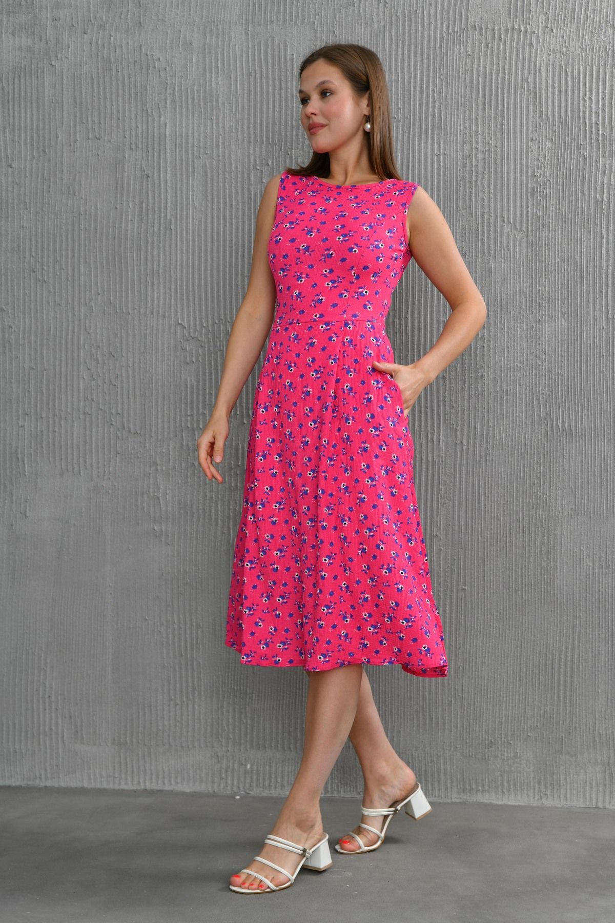 vuvutasarım-Rochie de damă, elastică, cu model floral, Seersucker, cu mâneci zero, cu buzunar, cu detaliu, cu decolteu, roz, fără mâneci, 102 2