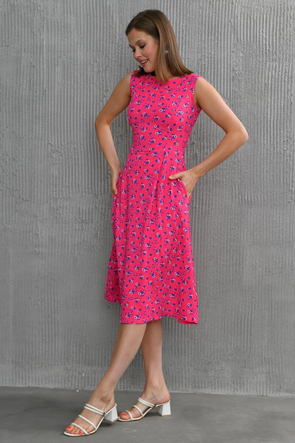 vuvutasarım-Rochie de damă, elastică, cu model floral, Seersucker, cu mâneci zero, cu buzunar, cu detaliu, cu decolteu, roz, fără mâneci, 102 4
