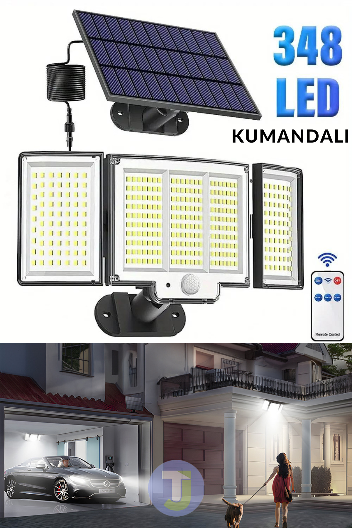 Technojet 348 Ledli Solar Güneş Enerjili Kumandalı Hareket Sensörlü Bahçe Aydınlatma Sokak Lambası